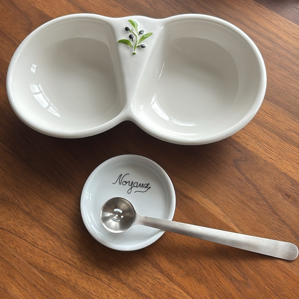 Porcelain olive serving dish + small dish to hold pits + spoon with holes